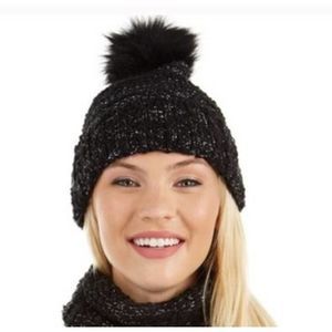 NWT - Calvin Klein Bouclé Metallic Faux Fur Pom